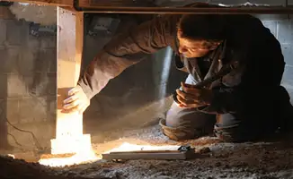 A professional inspecting wooden beams under the floor of a structure in Richmond, VA